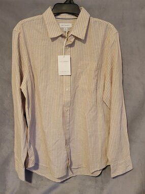 Free Assembly Tan and White Striped Long Sleeve Shirt Men's M Linen Blend NWT